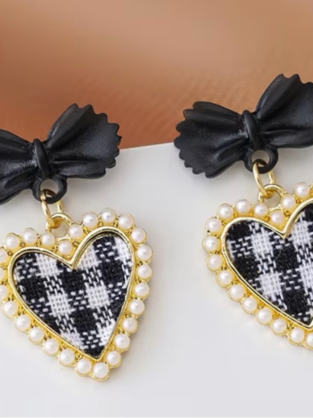 Heart Plaid Pearl-Trim Bow Drop Earrings - Black